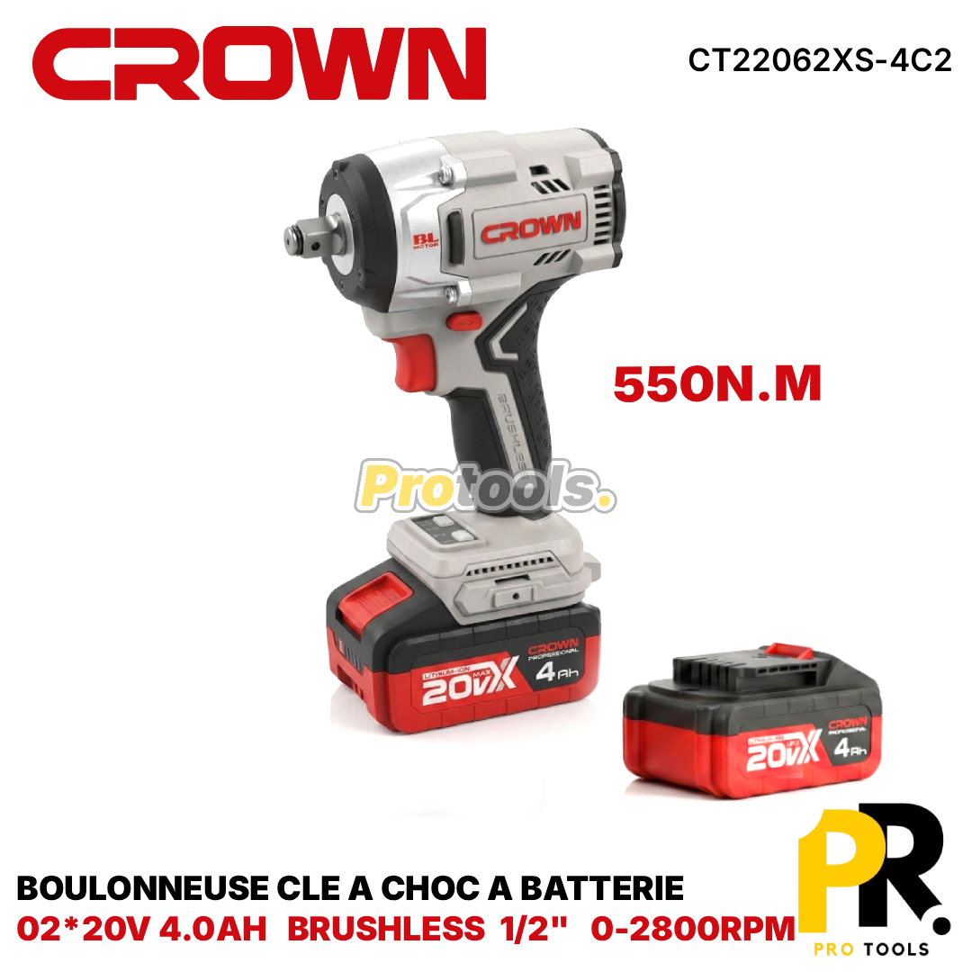 BOULONNEUSE CLE A CHOC A BATTERIE 20V 4.0AH 550N.M BRUSHLESS CROWN | CT22062XS-4C2 مفتاح صدمات لاسلكي