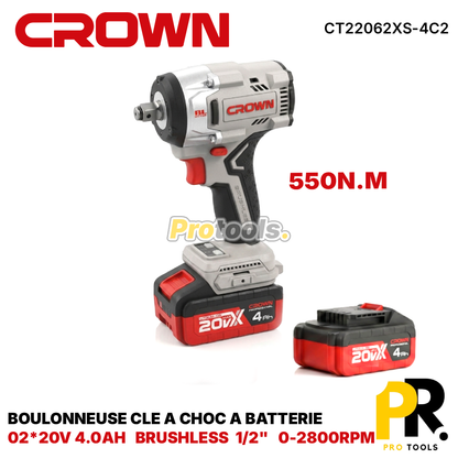 BOULONNEUSE CLE A CHOC A BATTERIE 20V 4.0AH 550N.M BRUSHLESS CROWN | CT22062XS-4C2 مفتاح صدمات لاسلكي
