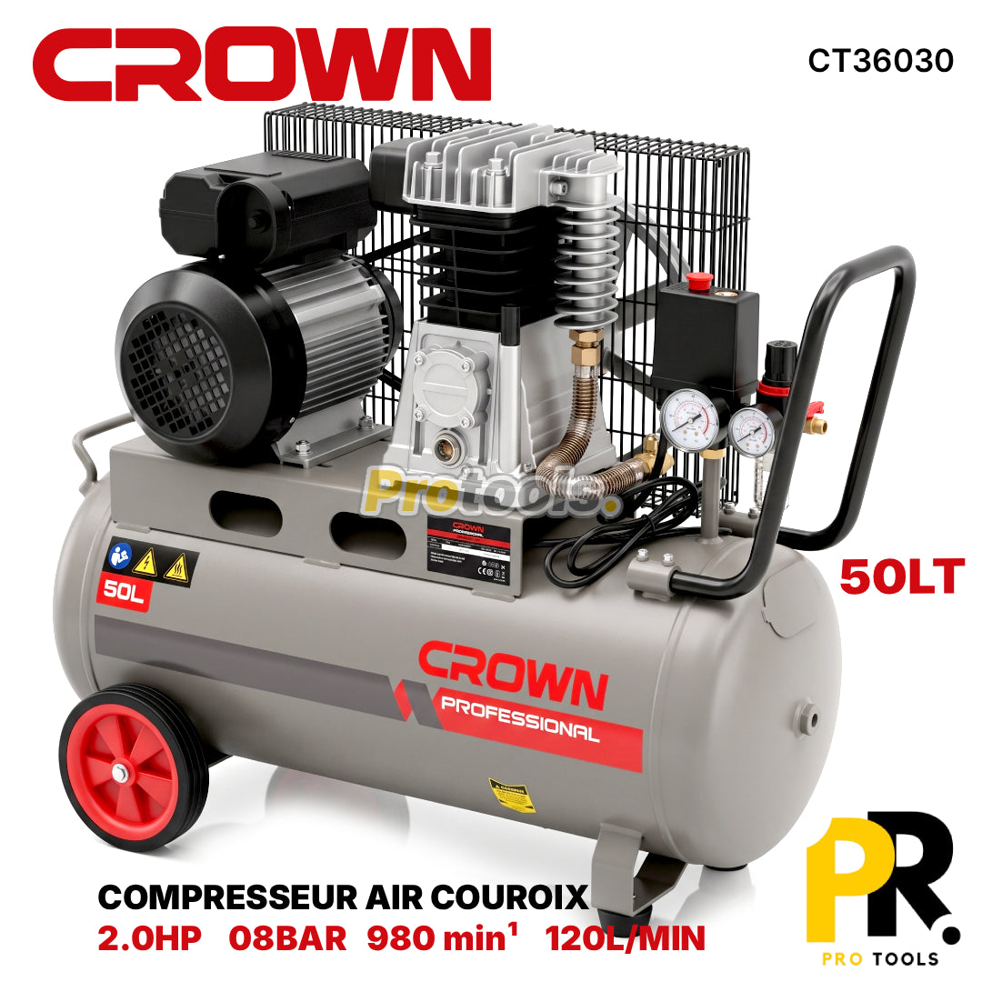 COMPRESSEUR AIR COUROIX 2.0HP 50LT CROWN [CT3630] ضاغط هواء بالحزام