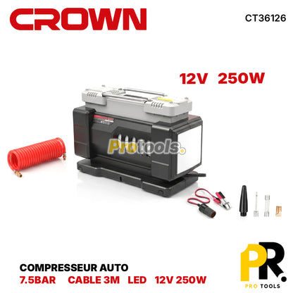 COMPRESSEUR AUTO 12V 250W  7.5BAR CROWN | CT36126 جهاز نفخ هواء
