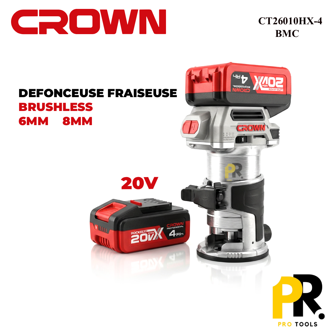 DEFONCEUSE FRAISEUSE A BATTERIE 20V 4.0AH 6-8MM BRUSHLESS CROWN | CT26010HX-4 BMC ماكينة تفريز/تشطيب الحواف اللاسلكية