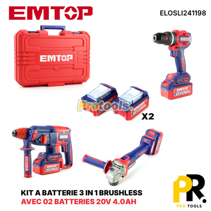 KIT 3PCS IN 1 A BATTERIE 20V 4.0AH BRUSHLESS EMTOP [ELOSLI241198] طقم أدوات اللاسلكي