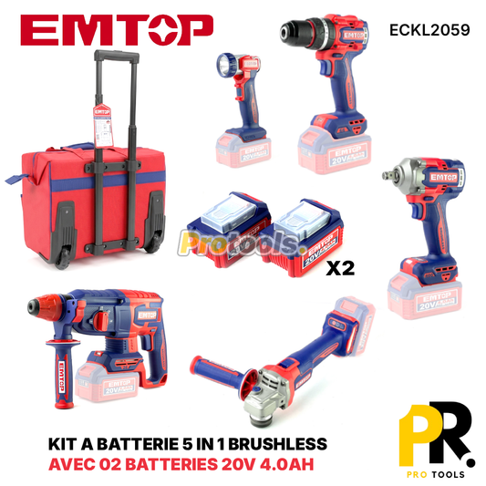 KIT 5PCS IN 1 A BATTERIE 20V 4.0AH BRUSHLESS EMTOP [ECKL2059] طقم أدوات اللاسلكي