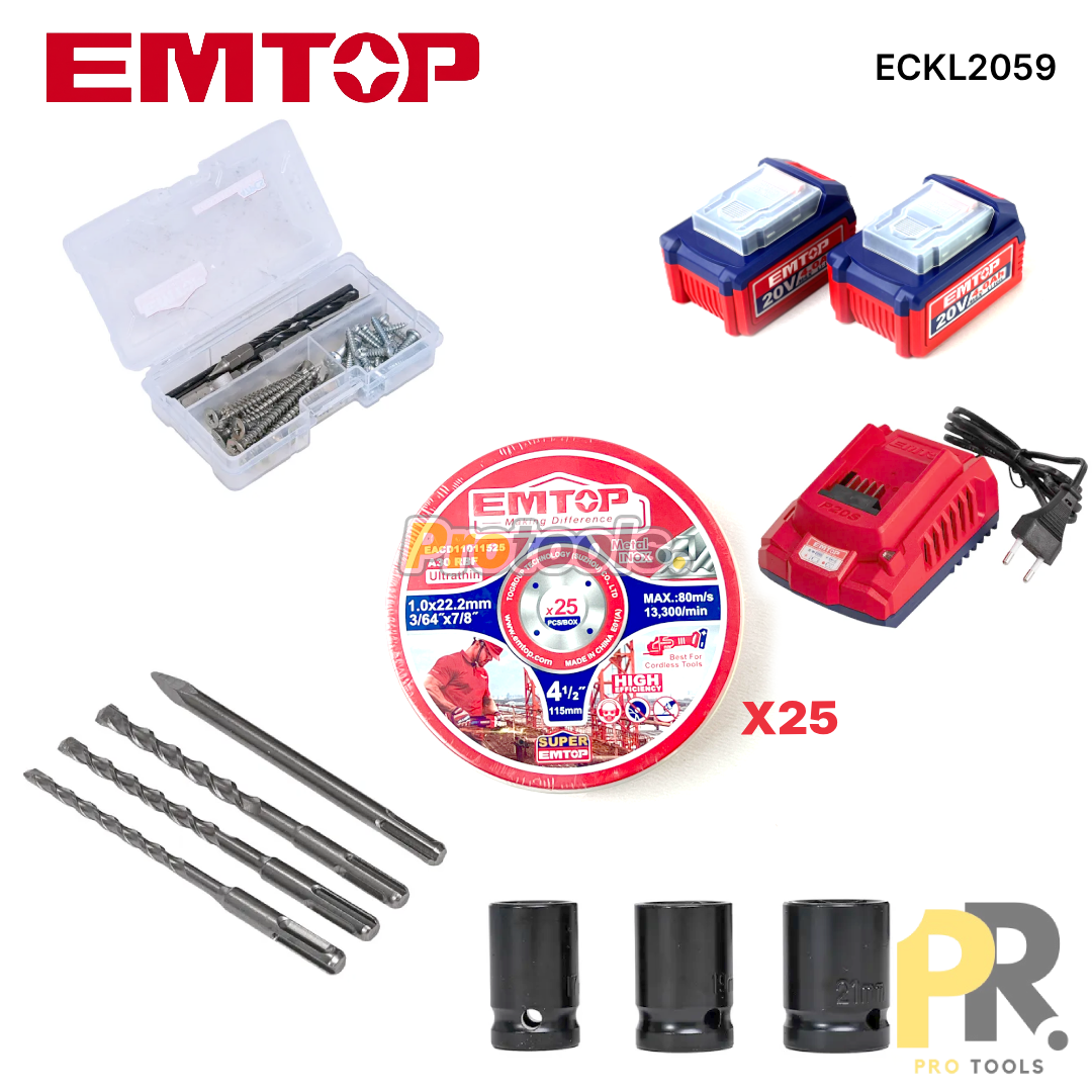 KIT 5PCS IN 1 A BATTERIE 20V 4.0AH BRUSHLESS EMTOP [ECKL2059] طقم أدوات اللاسلكي