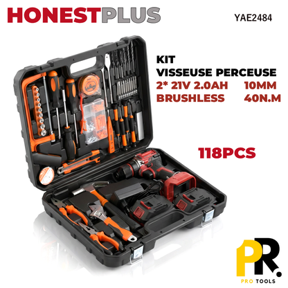 KIT VISSEUSE PERCEUSE 21V 2.0AH 40N.M BRUSHLESS 118PCS HONESTPLUS [YAE2484] علبة أدوات