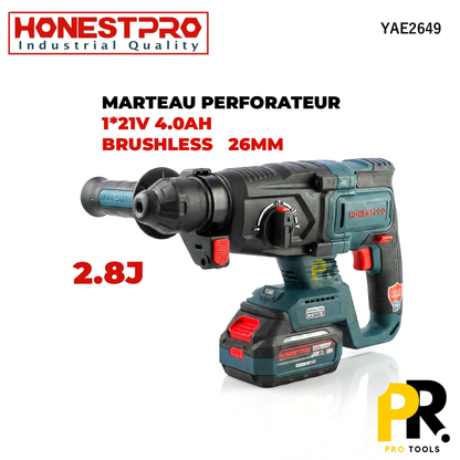 MARTEAU PERFORATEUR 21V 4.0AH 2.8J 26MM BRUSHLESS HONESTPRO | YAE2649 مطرقة ثقب وحفر لاسلكية