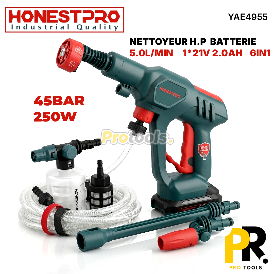 NETTOYEUR HAUTE PRESSSION BATTERIE 21V 2.0AH 45BAR HONESTPRO | YAE4955 جهاز غسل السيارات ببطارية
