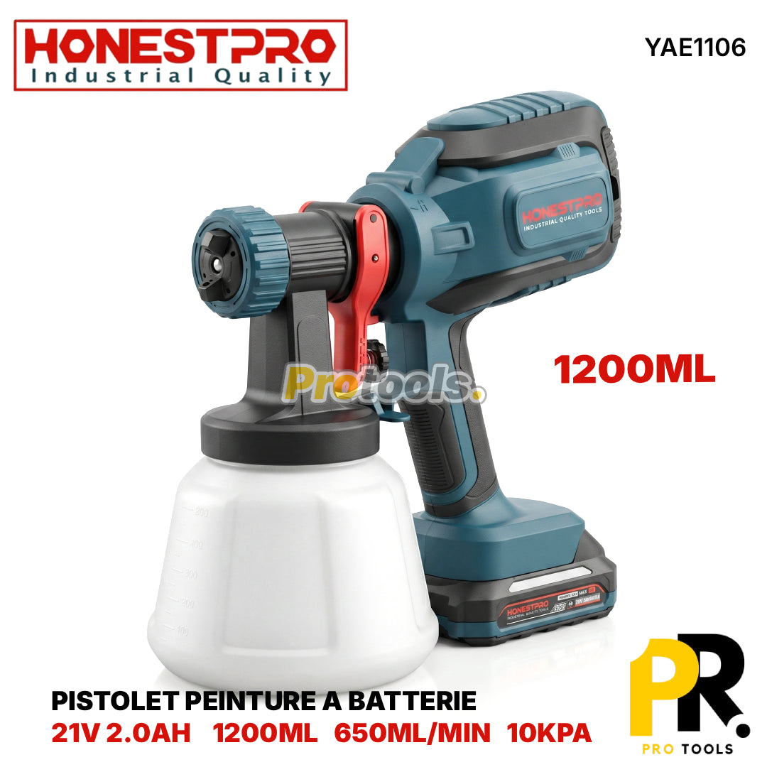PISTOLET PEINTURE A BATTERIE 21V 2.0AH 1200ML 650ML/MIN HONESTPRO | YAE1106 مسدس رش الطلاء اللاسلكي
