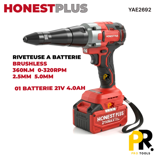 RIVETEUSE BATTERIE 21V 4.0AH 360N.M BRUSHLESS HONESTPLUS [YAE2692] مسدس برشام لاسلكي