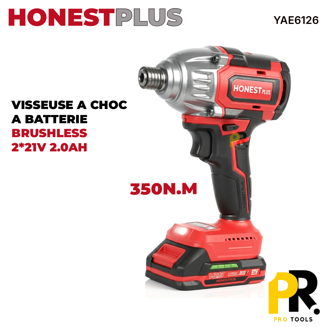 VISSEUSE A CHOC A BATTERIE 350N.M 21V 2.0AH BRUSHLESS HONESTPLUS | YAE6126 آلة فك و تركيب البراغي بالصدم