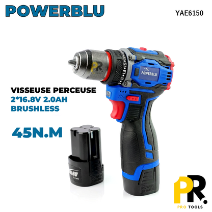 VISSEUSE PERCEUSE 16.8V 45N.M BRUSHLESS POWERBLU [YAE6150] مفك ومثقاب لاسلكي